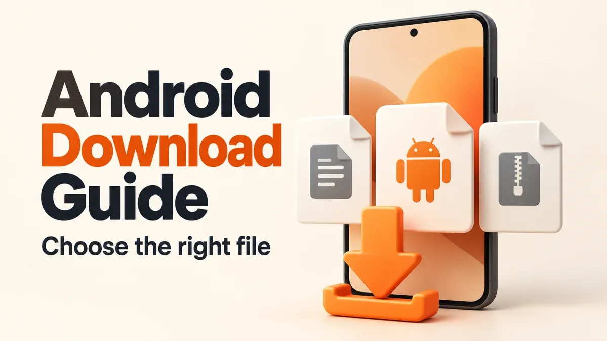 Android download guide illustration showing a phone and different installation file types