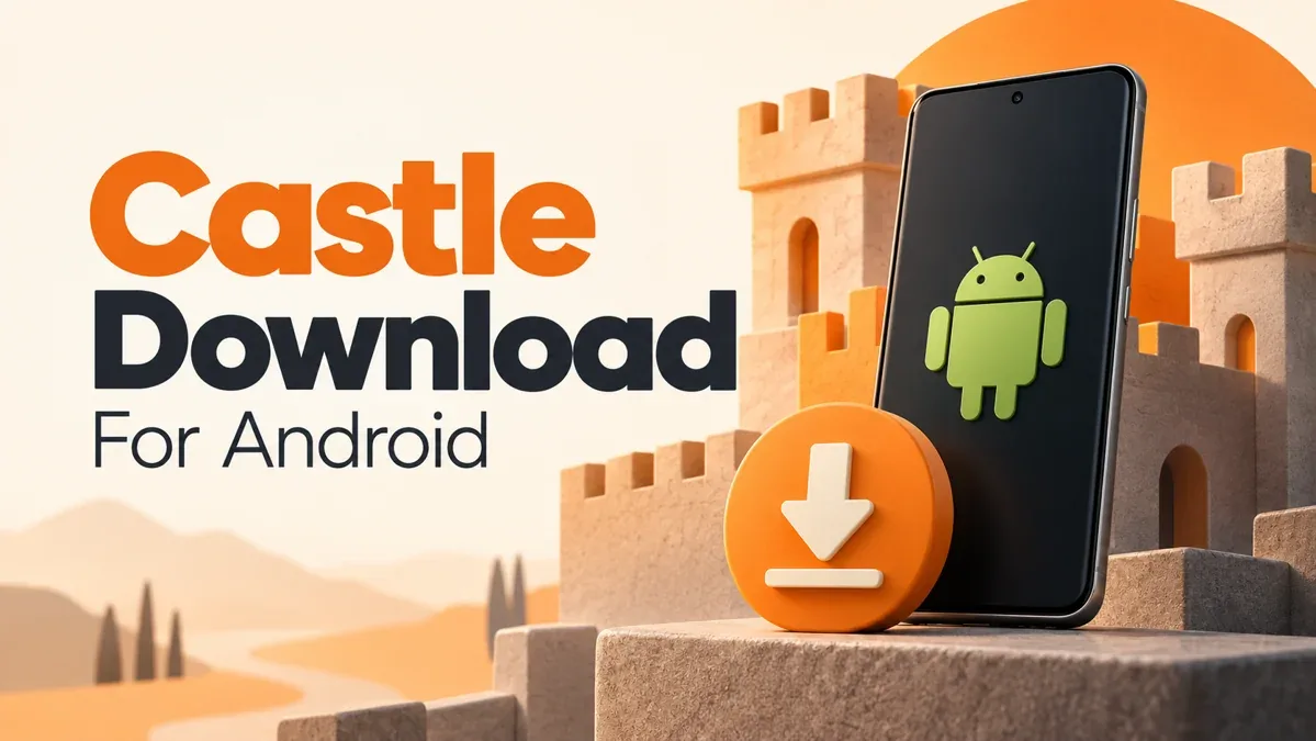 Castle Download for Android illustration with a phone, download arrow and castle shapes