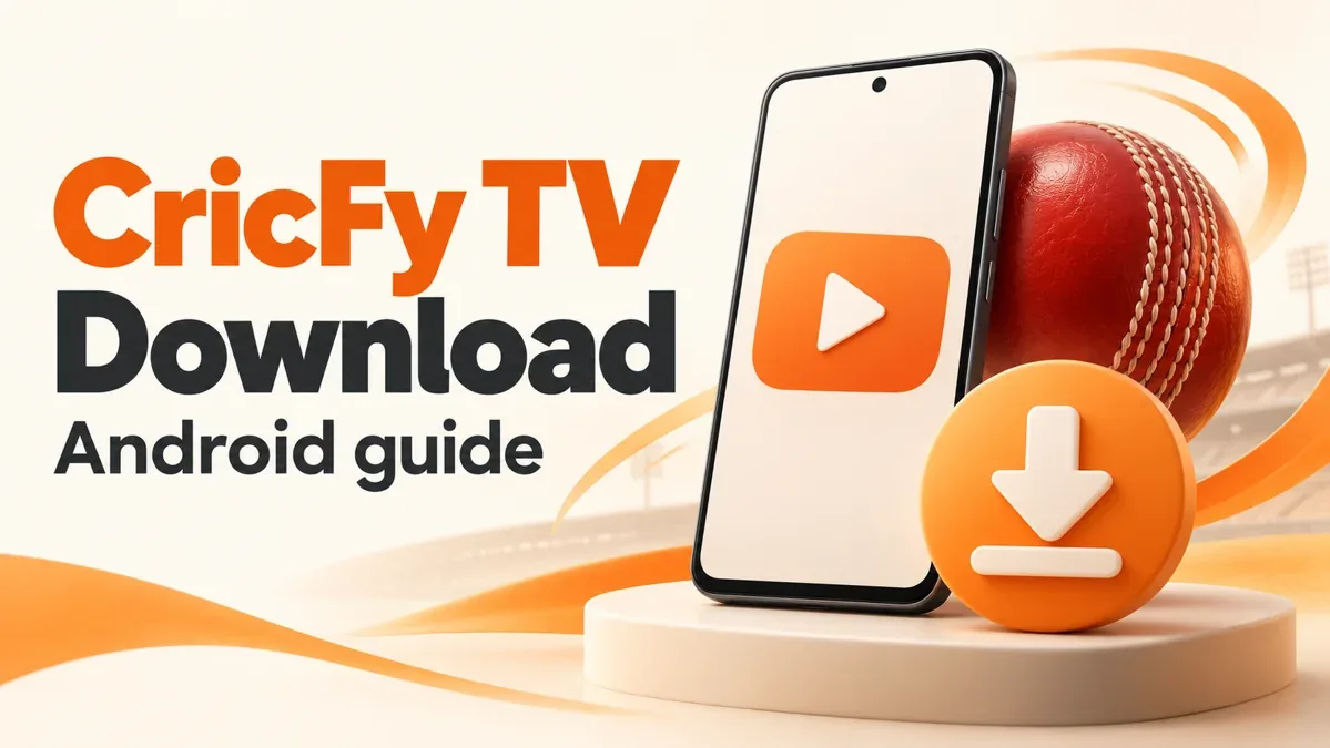 CricFy TV Android download illustration with a phone, cricket ball and download arrow