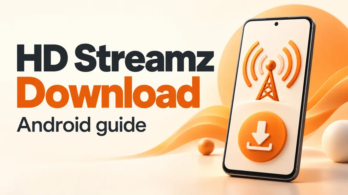 HD Streamz Android download illustration with a phone, broadcast symbol and download arrow