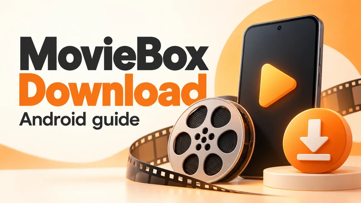MovieBox Android download illustration with a phone, film reel and download arrow