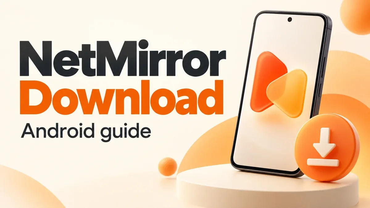 NetMirror Android download illustration with a phone, play shapes and download arrow