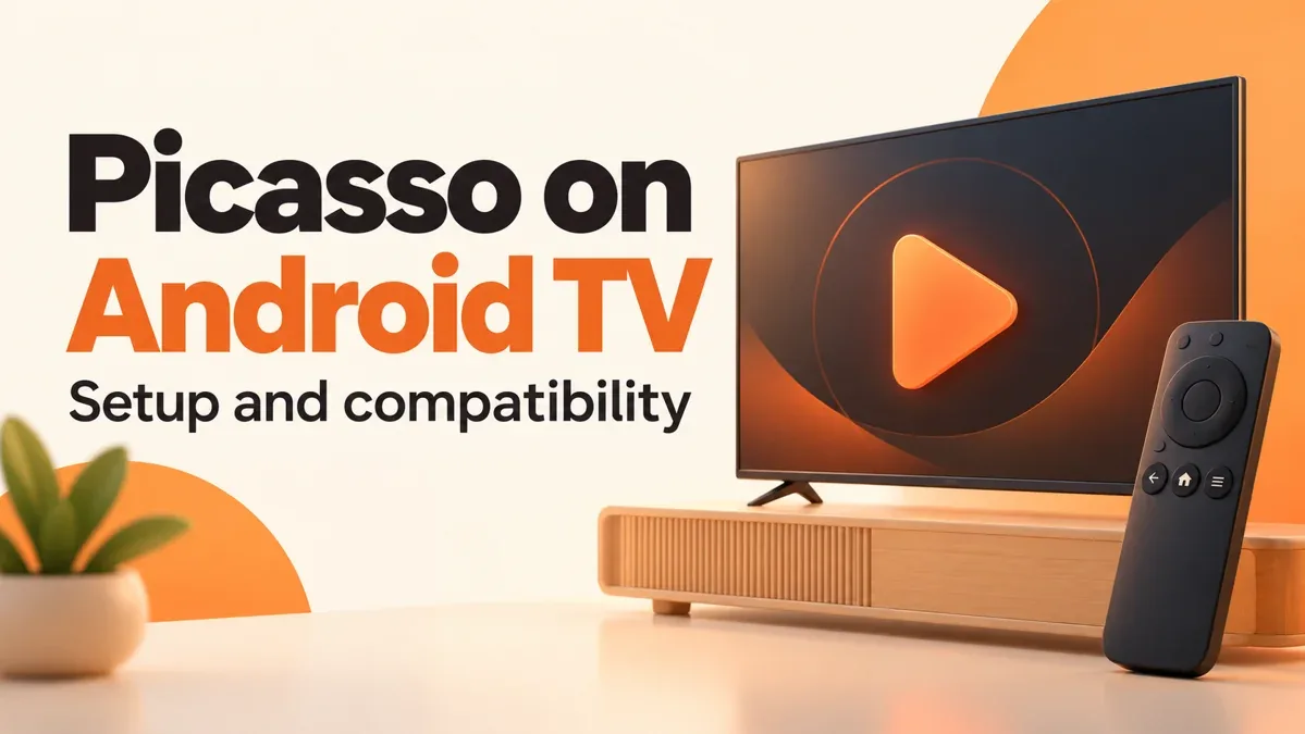 Picasso Android TV compatibility illustration with a television and remote control