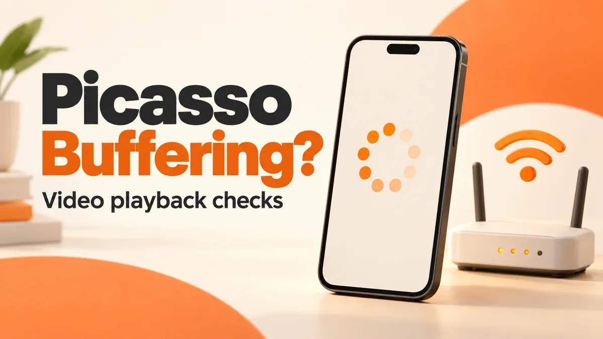 Picasso buffering illustration with a phone loading indicator and Wi-Fi router