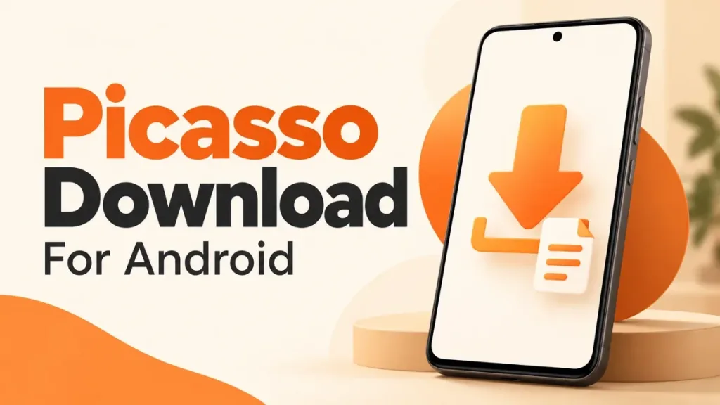 Picasso Download for Android illustration with a phone and download arrow