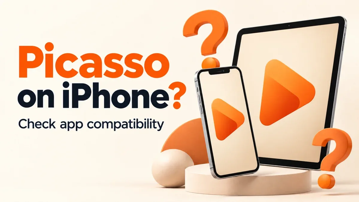 Picasso iPhone compatibility illustration with a phone, tablet and question marks