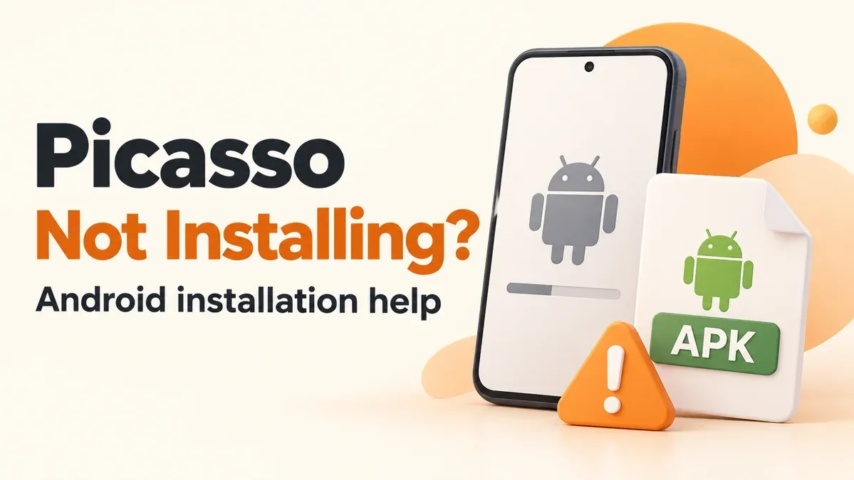 Picasso installation help illustration with a phone, APK file and warning symbol