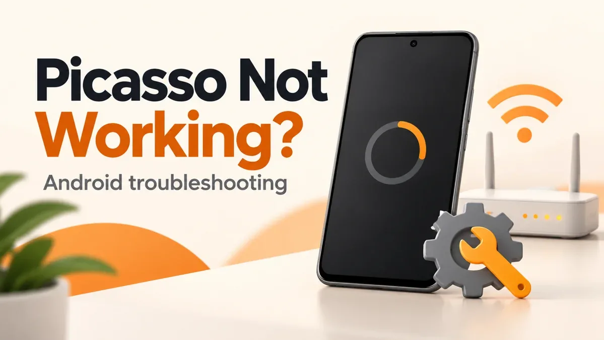 Picasso Not Working Android troubleshooting illustration with a phone, router and repair tools