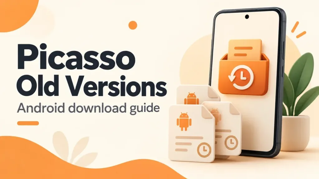 Picasso Old Versions Android download guide illustration with archived APK files and a phone