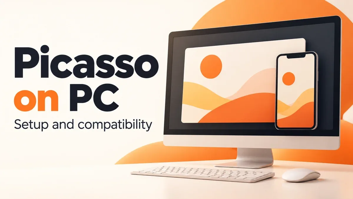 Picasso PC setup illustration showing a monitor and an Android-style phone window