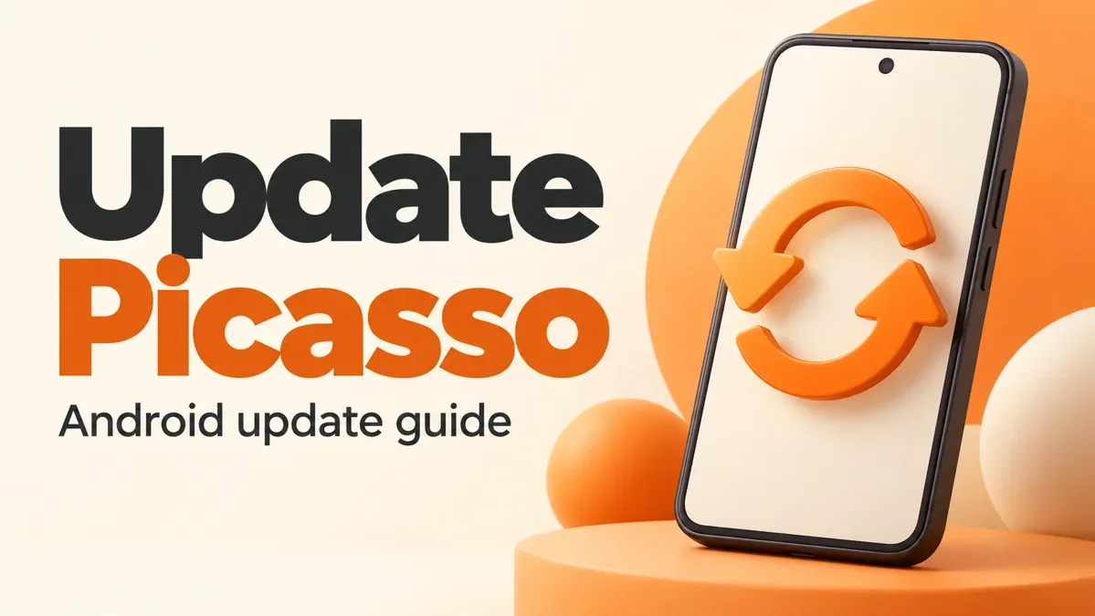 Picasso Android update guide illustration with a phone and circular update arrows