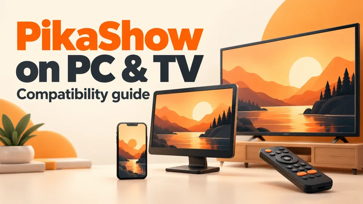 PikaShow compatibility illustration with a phone, monitor, television and remote